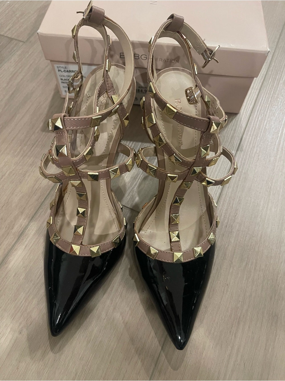 BCBG Black Patent Pointed T-Strap Heels with Taupe Studded Straps